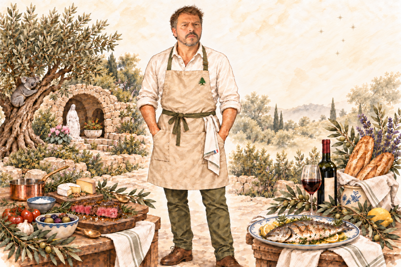 Daylight watercolour portrait of Daniel with food and wine, an olive tree and koala beside Saydet el Mantara, pale pink cyclamen and the Southern Cross