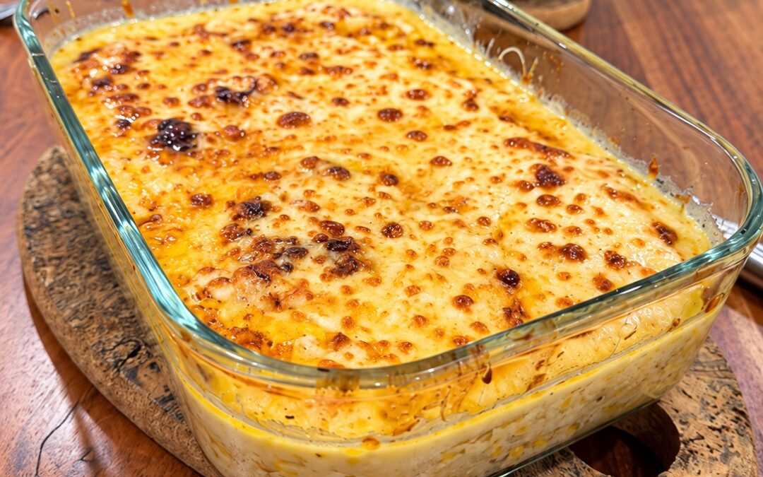 Boufarhat chicken and corn gratin with a golden browned cheese topping.