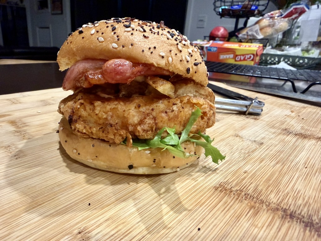 Chicken burger assembly and the finished meal.