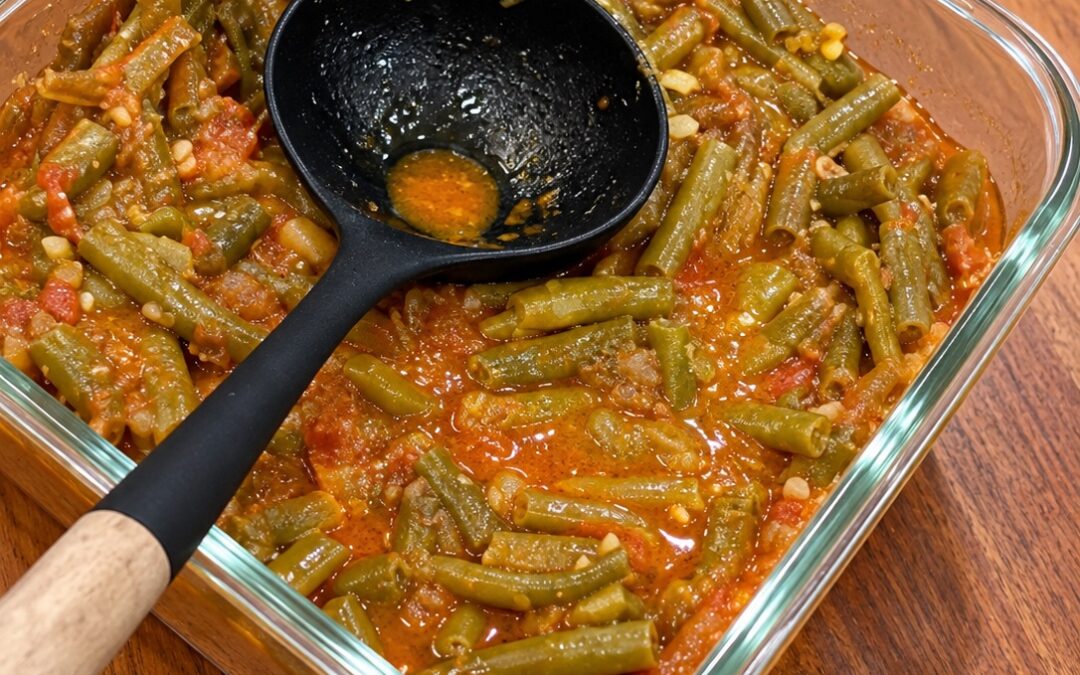 Loubieh bi Zeit: green beans in tomato and olive oil, ready to serve.